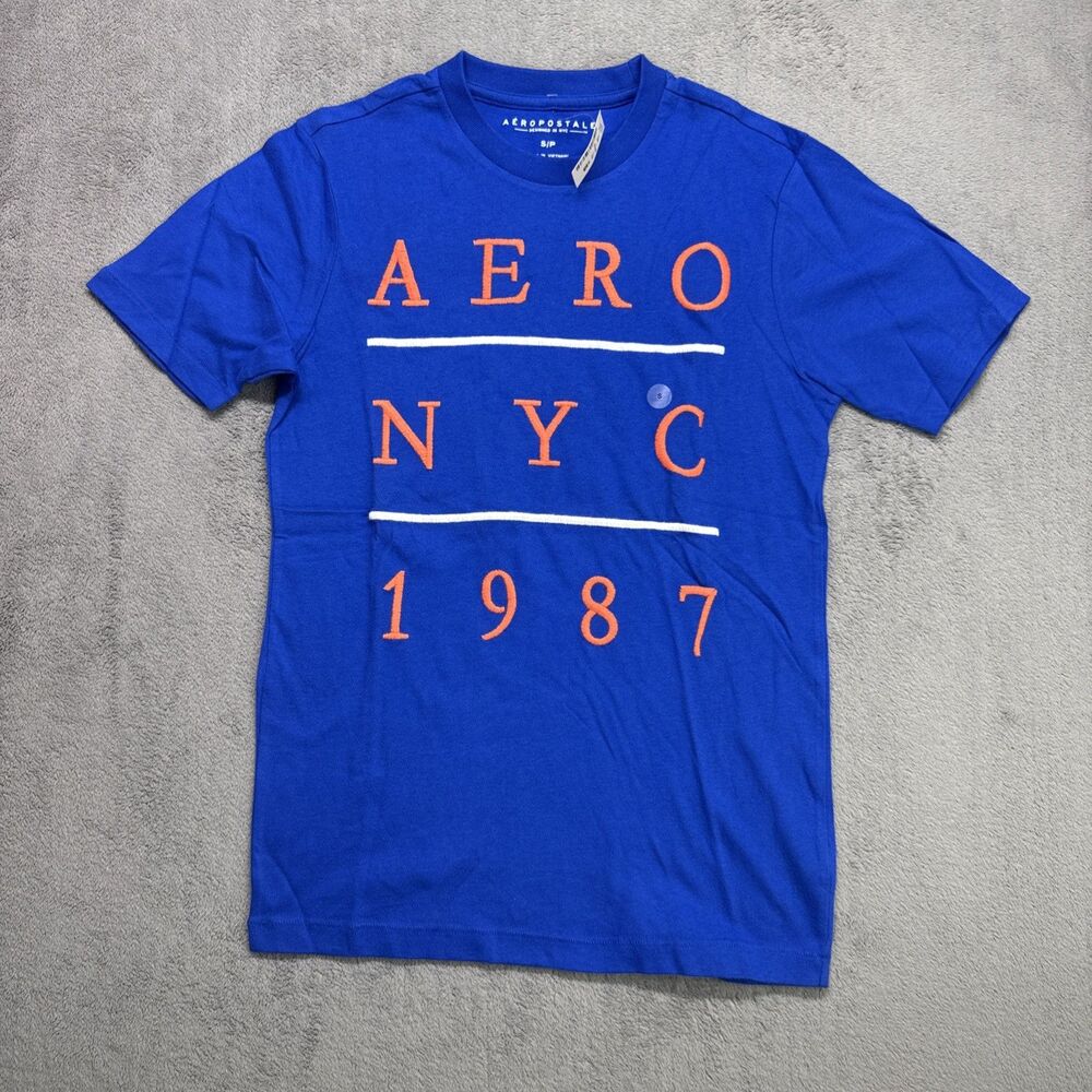 Aeropostale 87 Mens Size S Blue Orange Short Sleeve Crew Casual Graphic T-Shirt